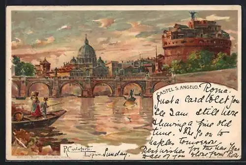 Künstler-Lithographie sign. R. Carloforti: Rom, Blick über den Tiber auf Petersdom und Engelsburg, um 1900