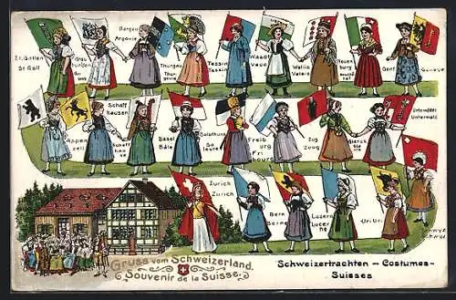 Künstler-AK Basel, Schweizertrachten, Tracht von St. Gallen, Aargau und Tessin