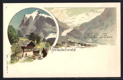 Lithographie Grindelwald, Bauernhaus mit schneebedecktem Berg