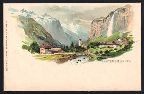 Lithographie Lauterbrunnen, Panorama mit schneebedeckten Bergen