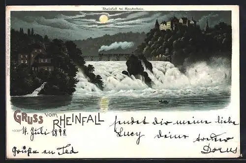 Lithographie Rheinfall, Festung, Rhein und Eisenbahnbrücke im Vollmondlicht