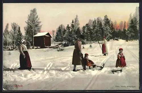 AK Rättvik, Kinder spielen im Schnee mit Schlitten