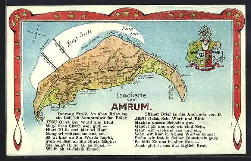 Lithographie Amrum, Landkarte der Insel, Wappen und Gedicht