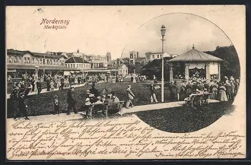 AK Norderney, Geschäfte und Cafes um den Marktplatz, Passanten