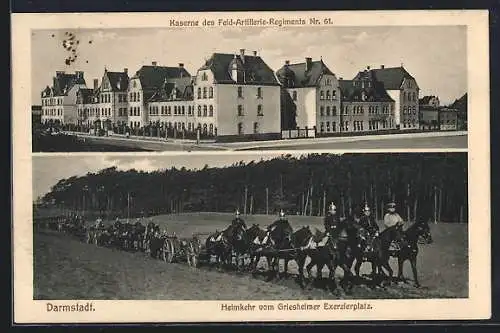 AK Darmstadt, Kaserne d. Feld-Art.-Rgt. Nr. 61, Artilleristen kehren vom Griesheimer Exerzierplatz heim