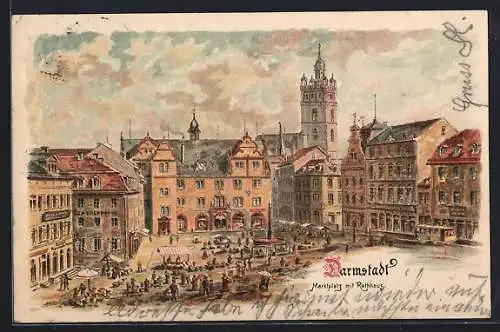 Lithographie Darmstadt, Blick auf den Marktplatz mit Rathaus