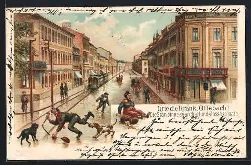 Lithographie Offenbach / Main, Strassenszene, Strassenbahn, Hunde fallen über alten Mann mit Stock her um 1900