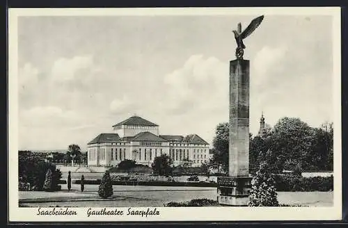 AK Saarbrücken, Gautheater Saarpfalz mit Denkmal, 