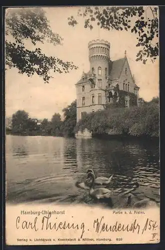 AK Hamburg-Uhlenhorst, Partie an der Alster mit Schloss und Schwanenpaar