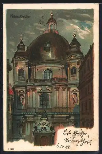 Lithographie Wien, Peterskirche an einem trüben Tag