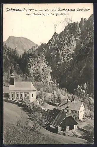 AK Johnsbach, Ortspartie mit Kirche gegen Buchstein und Oedsteingrat im Gesäuse