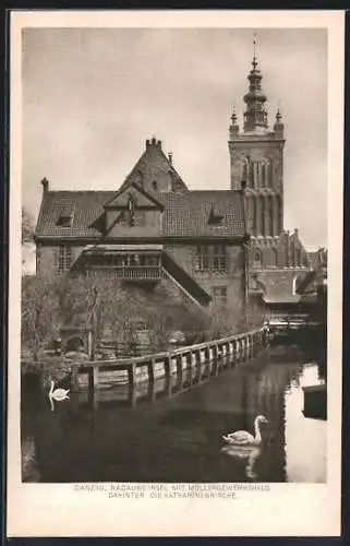 AK Danzig / Gdansk, Radauneinsel mit Müllergewerkshaus und Katharinenkirche