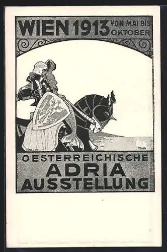 AK Wien, Österr. Adria-Ausstellung Mai bis Oktober 1913, Mann mit Schild und Uniform zu Pferd rettet Meerjungfrau