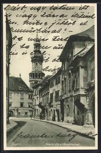 AK Sopron, Kolostor utca a Varostoronnyal, Klostergasse mit Stadtturm