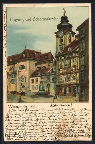 Lithographie Wien I, Freyung, Schottenkirche