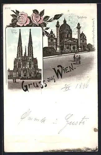 Lithographie Wien, An der Votiv-Kirche und der Karls Kirche