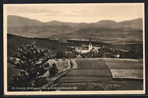 AK St. Oswald, Ortsansicht gegen Gebirgskette und Oetscher