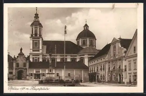 AK Pöllau, Hauptplatz mit Kirche und Denkmal