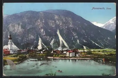 AK Nassereith /Tirol, Teilansicht mit Teich und Kirche