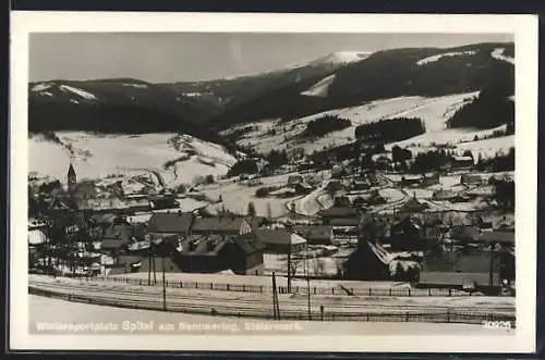 AK Spital am Semmering, Blick über den winterlich verschneiten Ort auf den Stuhleck