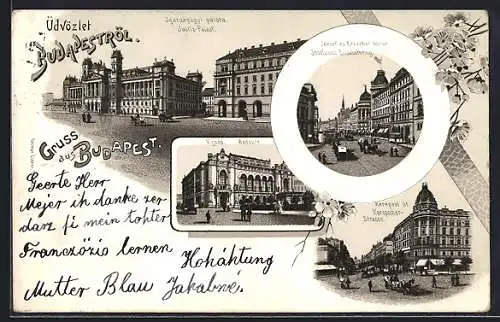 Lithographie Budapest, Justiz-Palast, Kerepscher-Strasse, Josefs- und Elisabethring, Redoute