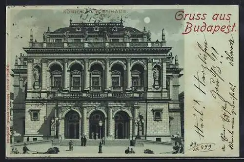 Mondschein-Lithographie Budapest, Königliches Opernhaus mit Passanten