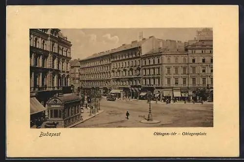 AK Budapest, Oktogonplatz mit Strassenbahn und Geschäften