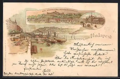 Lithographie Budapest, Königliches Burgpalais, Rakpart Quai mit Dampfer, Westbahnhof