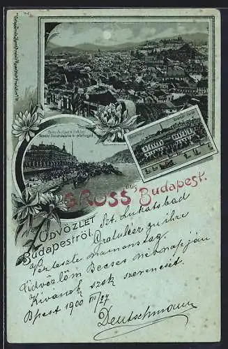 Lithographie Budapest, Teilansicht, Franz Josefquai u. Blocksberg, Kaiserbad