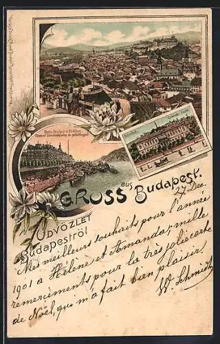 Lithographie Budapest, Teilansicht, Franz Josefquai u. Blocksberg, Kaiserbad