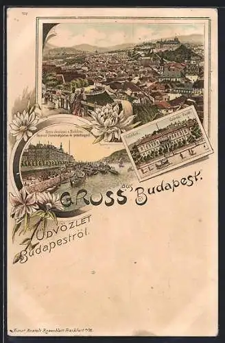 Lithographie Budapest, Teilansicht, Franz Josefquai u. Blocksberg, Kaiserbad