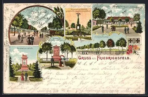 Lithographie Friedrichsfeld / Wesel, Wilhelm-Strasse, Offizierscasino, Franzoosen-Friedhof