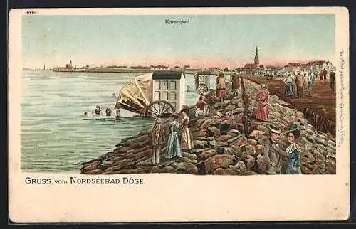 Lithographie Döse, Karrenbad mit Badegästen