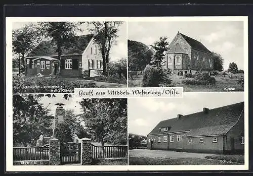 AK Middels-Westerloog /Ostfr., Gemischtwarenhandlung Heinz Klüver, Kirche, Ehrenmal, Schule