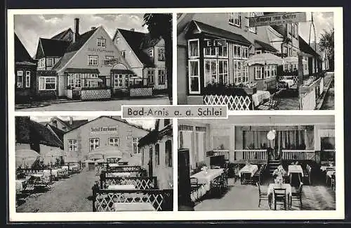 AK Bad Arnis a. d. Schlei, Gasthaus Schifferhaus mit Innenansicht und Hinterhof, Inh. Frdr. Hoffmann