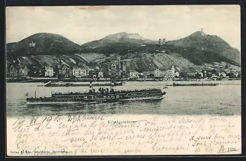 AK Königswinter, Ortsansicht mit Drachenfels und Drachenburg, Rhein-Dampfer