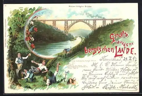 Lithographie Müngsten, Kaiser Wilhelm Brücke, Zecher im Grünen