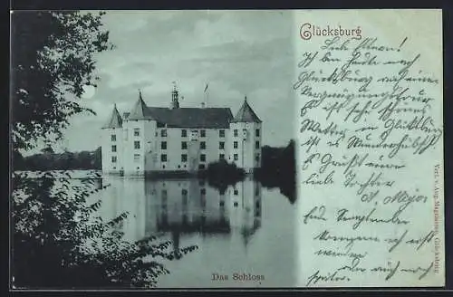 Mondschein-AK Glücksburg, Ansicht vom Schloss