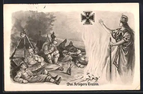 AK Des Kriegers Traum, Germania und Eisernes Kreuz