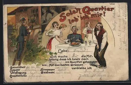 Künstler-AK Bruno Bürger & Ottillie Nr. 1795: Soldat: Solch Quartier lob ich mir!