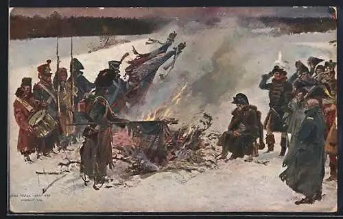 Künstler-AK Napoleon mit seinen Soldaten bei einem Lagerfeuer im Winter