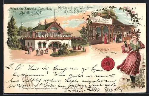 Lithographie Hamburg, Allgemeine Gartenbau-Ausstellung 1897, Restaurant zum Elbschloss v. H. A. Schröder