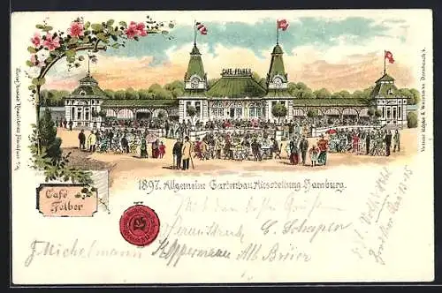 Lithographie Hamburg, Allgemeine Gartenbau-Ausstellung 1897, Voll besuchtes Cafe Felber