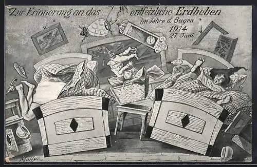 AK Leipzig, Bugra-Ausstellung 1914, Erdbeben am 27.6.1914, Familie fällt aus den Betten