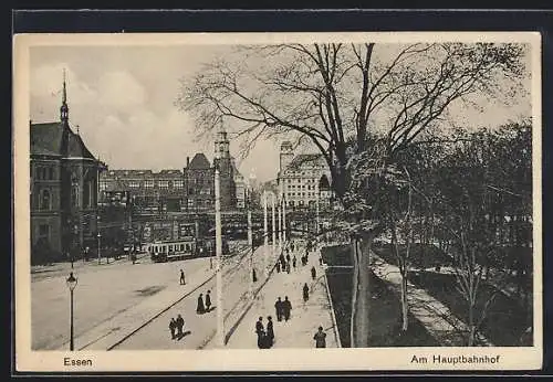 AK Essen, Partie am Hauptbahnhof mit Strassenbahn