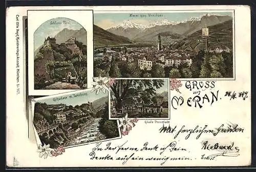 Lithographie Meran, Schloss Tirol, Gilfanlage mit Zenoburg, Gisela Promenade