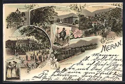 Lithographie Meran, Zenoburg, Gilfpromenade, Kurhaus und Promenade, Wandelhalle