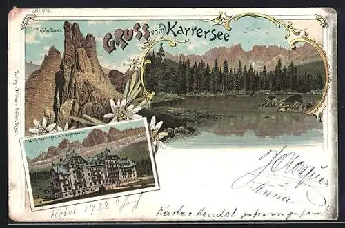 Lithographie Karersee, Hotel mit Rosengarten. Vajoletthürme