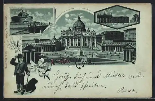 Mondschein-Lithographie Roma, Petersplatz und Petersdom, Engelskirche