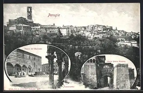 AK Perugia, Piazza del Municipio, Porta Urbica Etrusca, Panorama